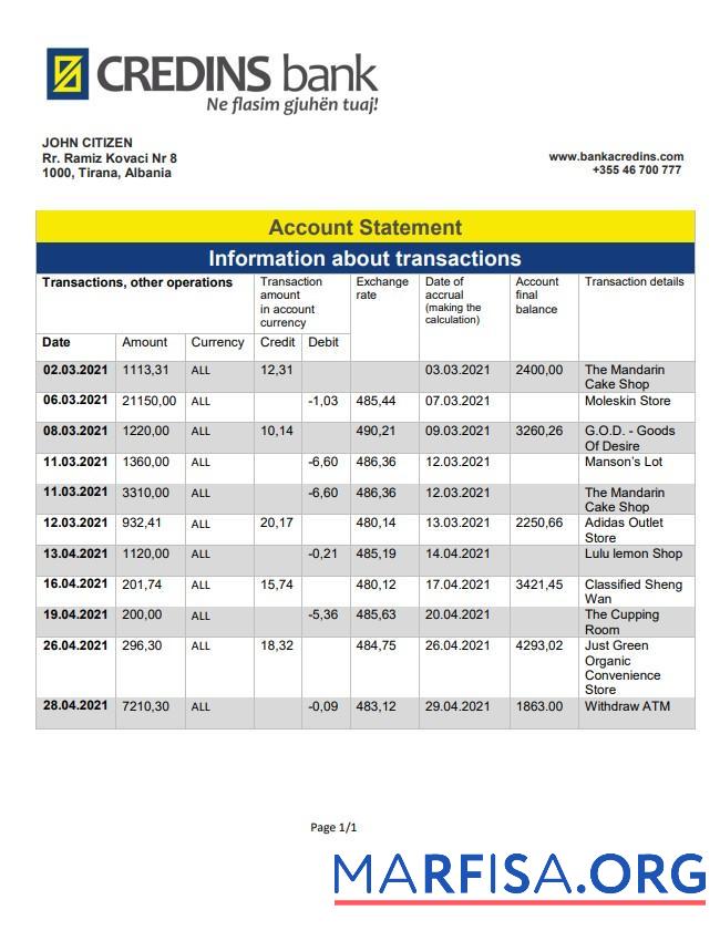 Printable Albania Credins bank statement real example